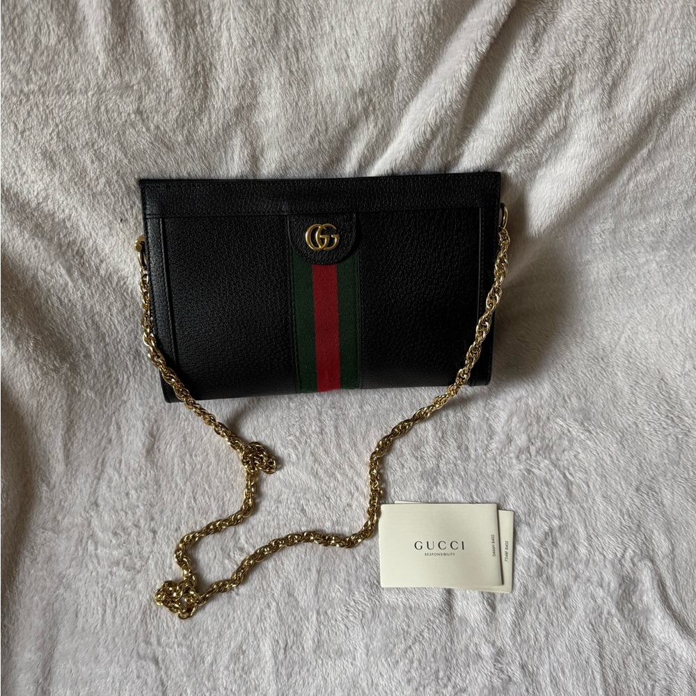 Calfskin GG Web Ophidia Chain Shoulder Bag Black
